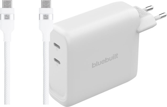 BlueBuilt 140-Watt-GaN-Ladegerät mit 2 USB-C-Ports Weiß + BlueBuilt USB-C-Kabel 240 W 2 m Nylon Main Image
