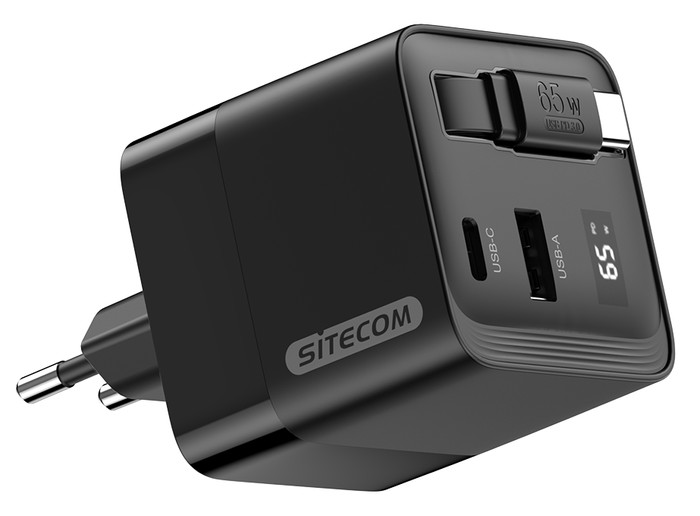 Sitecom 65W GaN Ladegerät mit ausziehbarem Kabel vorne