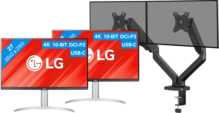 LG 27UP850K-W.AEU Doppelpack + BlueBuilt Monitorhalterung Mechanische Feder für 2 Monitore Main Image