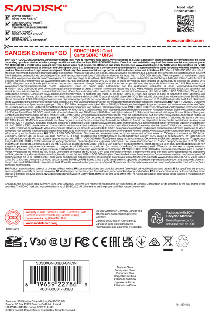 SANDISK Extreme GO SDHC 32GB 100 MB/s verpackung