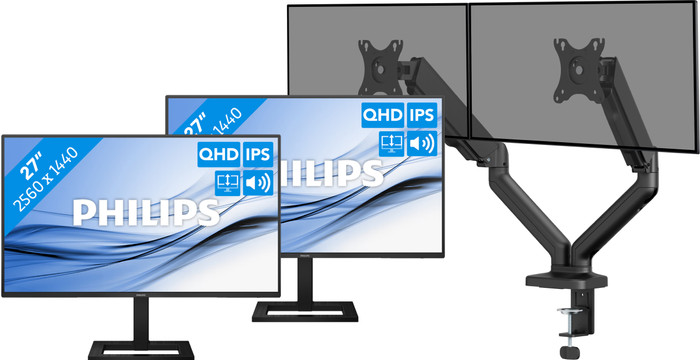 Philips 27E1N1600AE/00 Doppelpack + BlueBuilt Monitorhalterung Mechanische Feder für 2 Monitore Main Image
