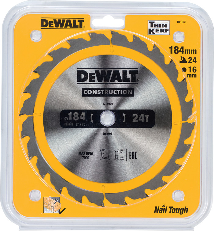 DeWalt Sägeblatt für Holz 184 x 16 x 1,8 mm 24T verpackung