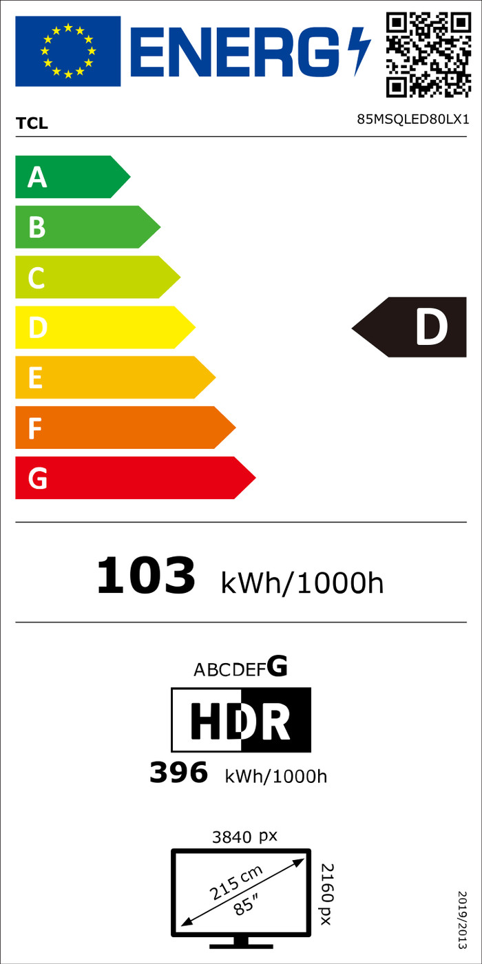 TCL SQD Mini-LED 85 inches 80L (2026) energy label
