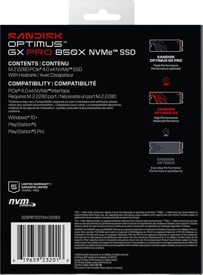 SANDISK Optimus GX PRO 850X 1TB NVMe-SSD mit Kühlkörper verpackung