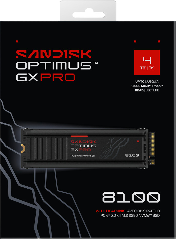 SANDISK Optimus GX PRO 8100 4TB PCIe 5.0 NVMe-SSD mit Kühlkörper verpackung