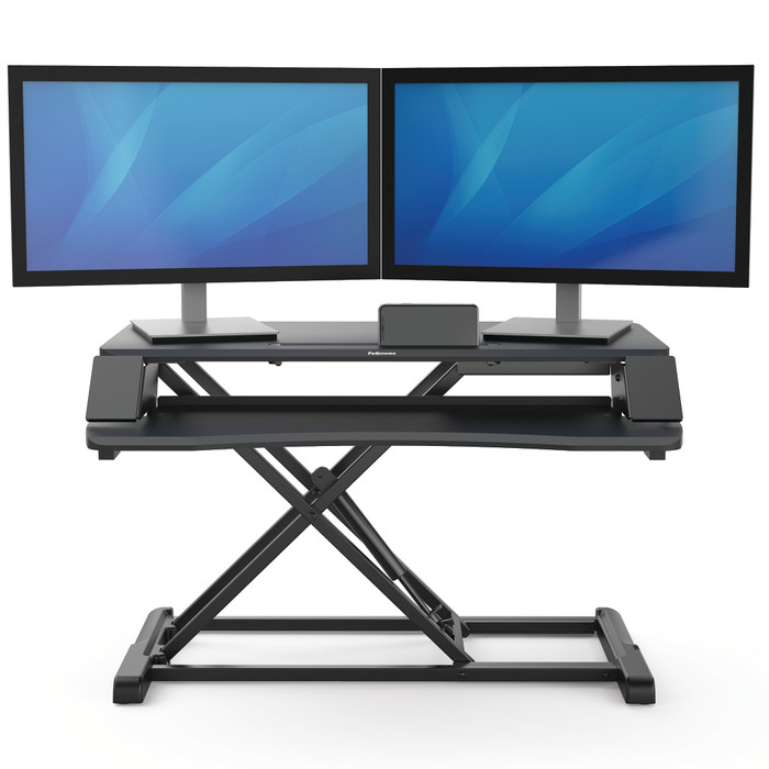 Fellowes Corsivo Sitz-Steh-Workstation Schwarz produkt in gebrauch