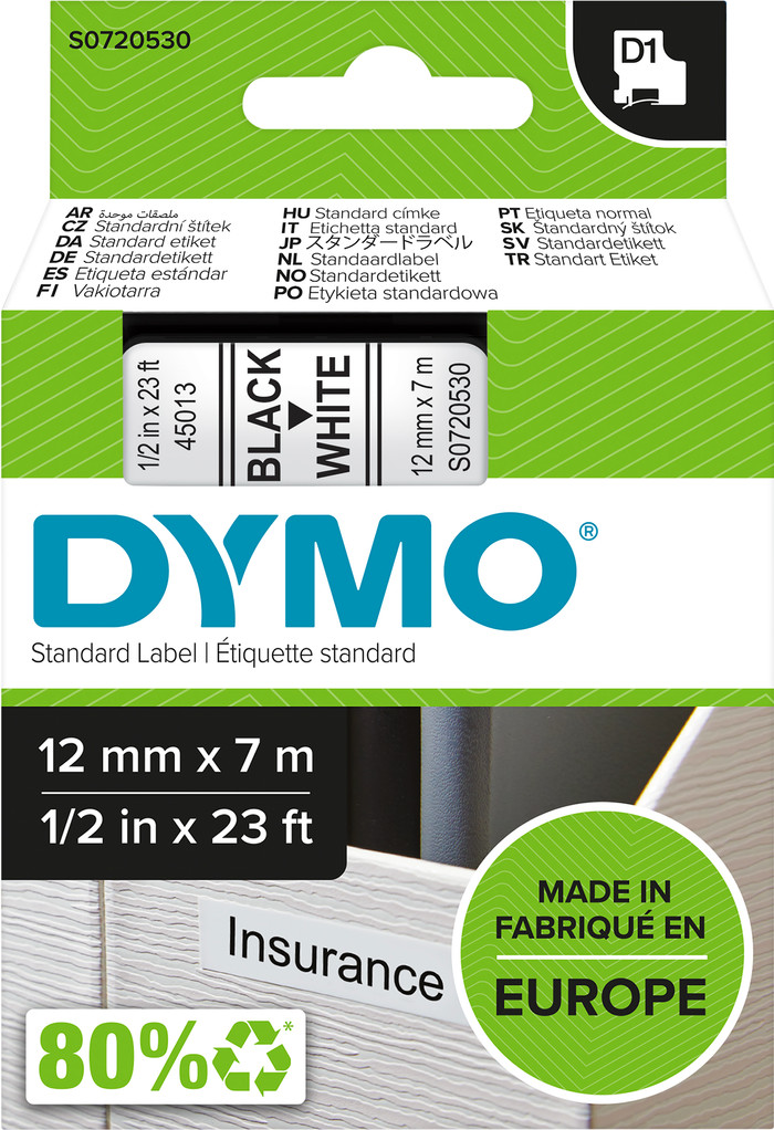 DYMO D1 12mm x 7m Black White Labels Main Image