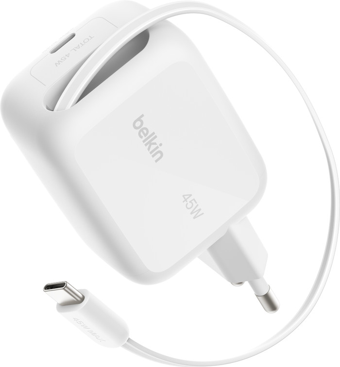 Belkin BoostCharge Pro Ladegerät 45 W USB-C Weiß + USB-C Einziehbares Kabel 0,8 m Kunststoff Weiß detail