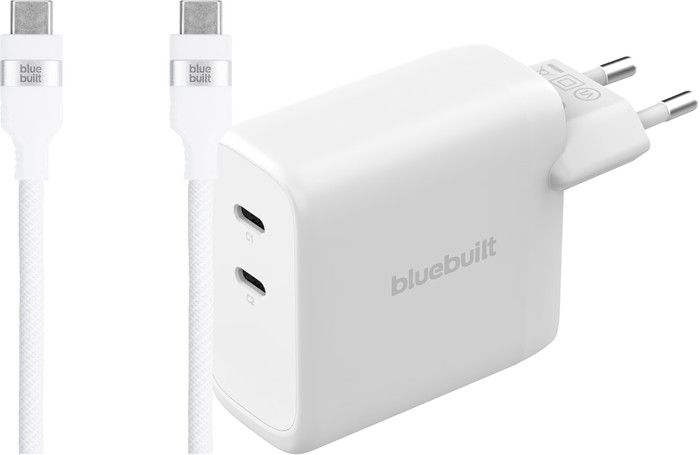 BlueBuilt 100-Watt-GaN-Ladegerät mit 2 USB-C-Ports Weiß + BlueBuilt USB-C-Kabel 240 W 2 m Nylon Main Image