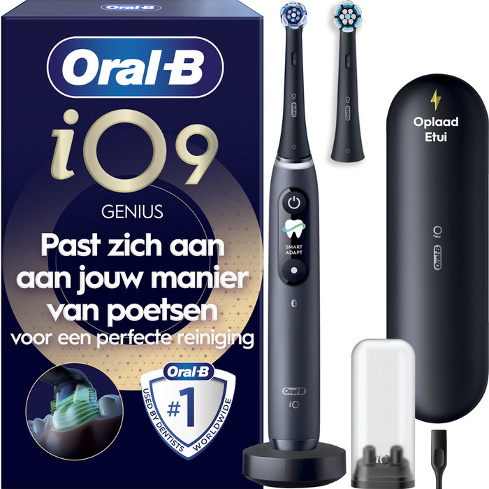 Oral-B iO 9N Schwarz mit zusätzlicher Aufsteckbürste verpackung