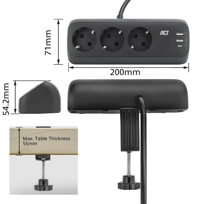 ACT AC2480 Desk Power Strip 3-way 1.5m 3x USB 30W Black visual supplier