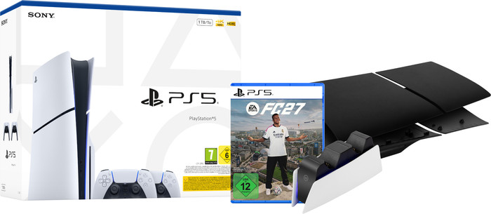 PS5 Slim mit Laufwerk + FC 27 + Schwarze Cover + Zusätzlicher Controller Weiß + Ladestation Main Image
