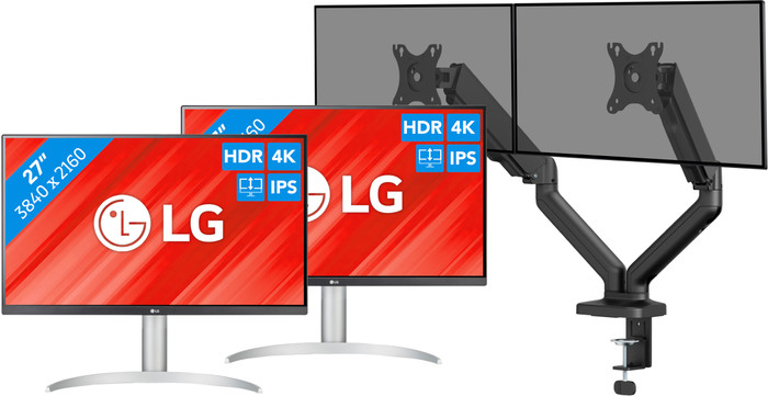 LG 27UP83AK-W Doppelpack + BlueBuilt Monitorhalterung Mechanische Feder für 2 Monitore Main Image