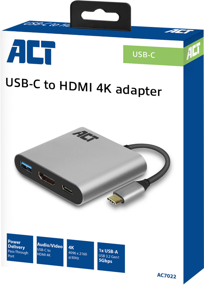 ACT USB-C-auf-USB- und HDMI-Adapter mit Power Delivery verpackung