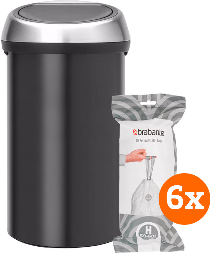 Brabantia Touch Bin 60L Matte Black Fingerprint-Proof + Trash Bags (120 units) Main Image