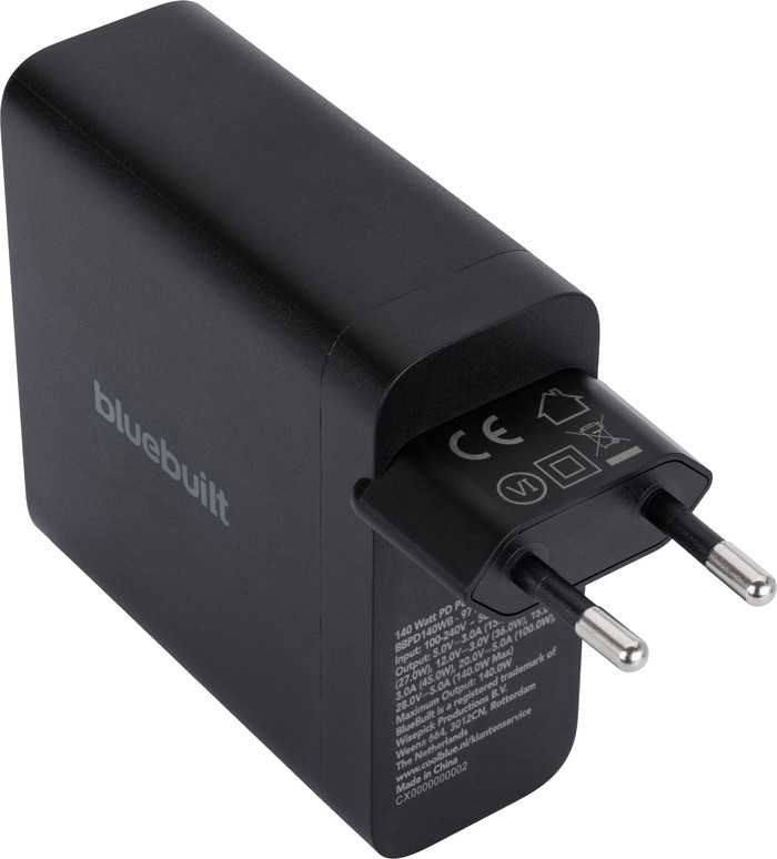 BlueBuilt 140W GaN USB-C Charger Black + USB-C cable 240W 2m Nylon Black Duo Pack back