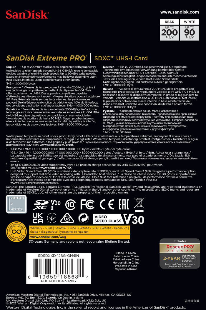 SanDisk SDXC Extreme Pro 128GB 90 MB/s verpackung
