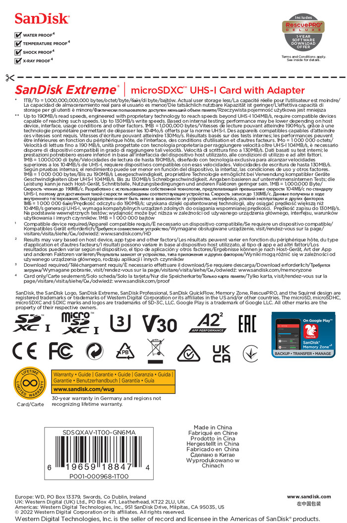 SanDisk microSDXC Extreme 1TB 130 MB/s verpackung