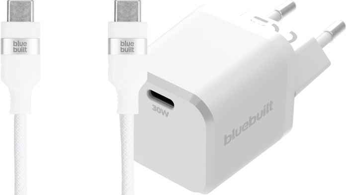 BlueBuilt Power-Delivery-Ladegerät 30 W + USB-C-Kabel 1,5 m Nylon Weiß Main Image