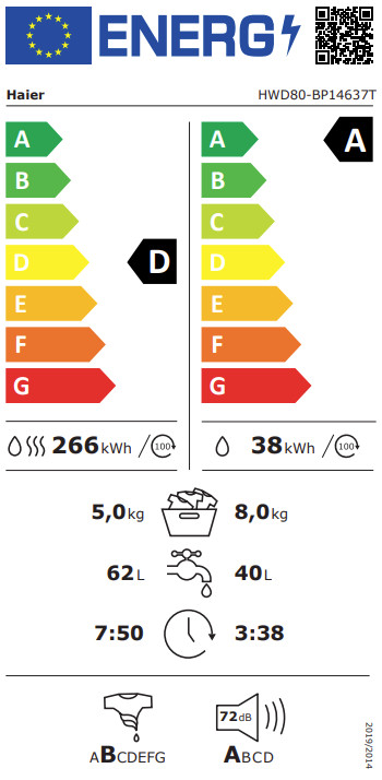 Haier HWD80-BP14637T - 8/5 kg energielabel