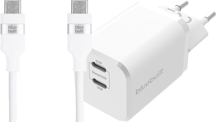 BlueBuilt Power-Delivery-Ladegerät mit 2 USB-C-Ports 65 W + USB-C-Kabel 3 m Nylon Weiß Main Image