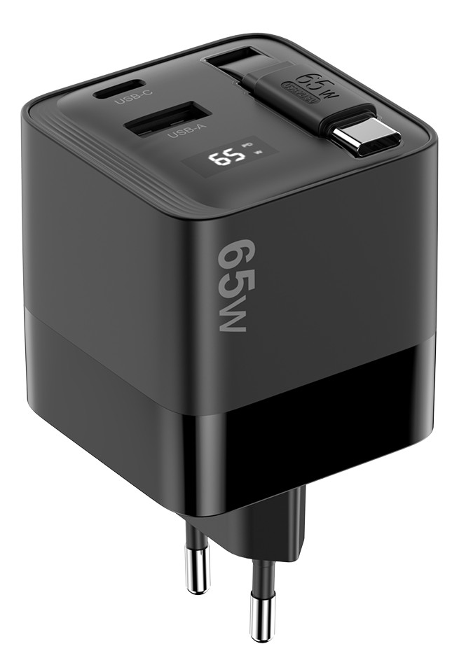 Sitecom 65W GaN Ladegerät mit ausziehbarem Kabel vorne