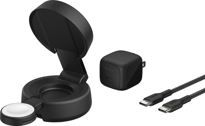 Belkin UltraCharge Pro 2-in-1 MagSafe Kabelloses Ladegerät mit Ständer Qi2 25 W Schwarz vorne