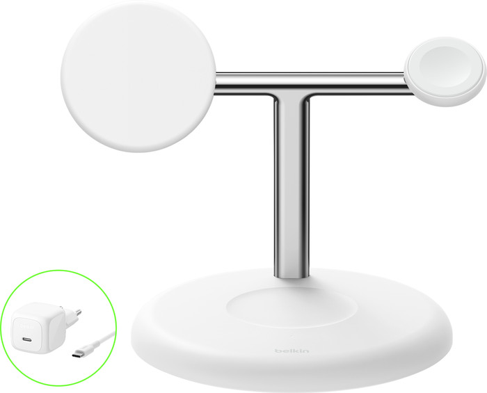 Belkin 3-in-1 Kabelloses Ladegerät mit MagSafe 25 Watt Weiß vorne