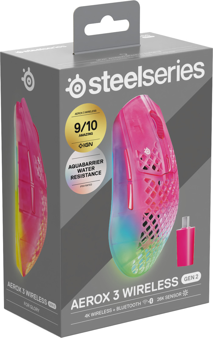 SteelSeries Aerox 3 Gen 2 Kabellose Gaming-Maus Magenta verpackung