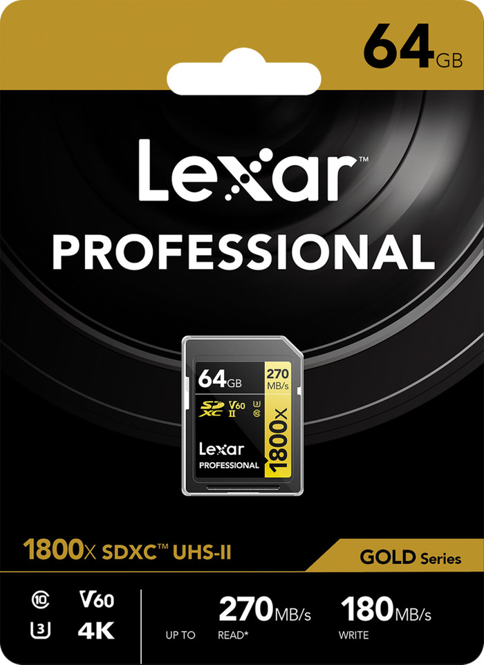 Lexar Professional SDXC 1800x GOLD 64GB 180MB/s packaging