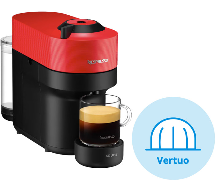 Krups Nespresso Vertuo Pop XN9205 Spicy Red + Pierre Milchaufschäumer vorne