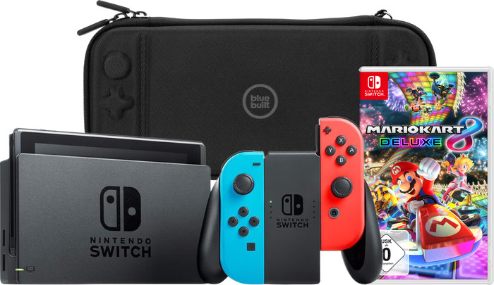 Nintendo Switch Rot/Blau + Mario Kart 8 Deluxe + Bluebuilt Travel Case Main Image