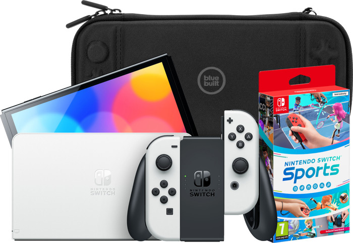 Nintendo Switch OLED Weiß + Nintendo Switch Sports + BlueBuilt Schutzhülle Main Image