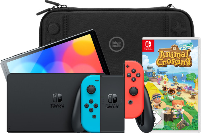 Nintendo Switch OLED Blue/Red + Animal Crossing New Horizons + BlueBuilt Travel Case Main Image