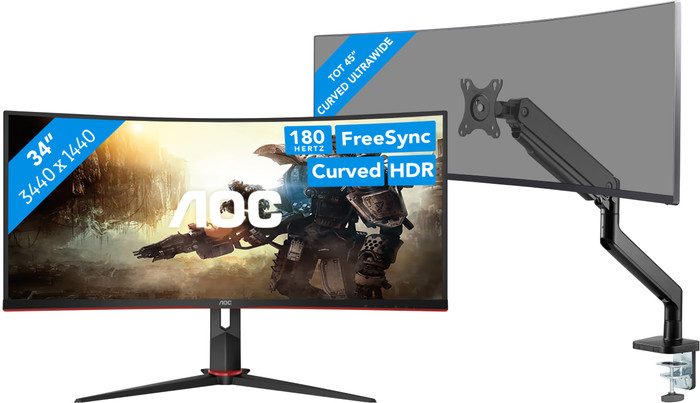 AOC CU34G2XP/BK + BlueBuilt Monitorhalterung Mechanische Feder für 1 Ultrawide-Monitor Main Image