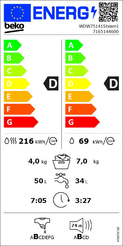 Beko WDW75141Steam1 - 7kg/4kg energy label