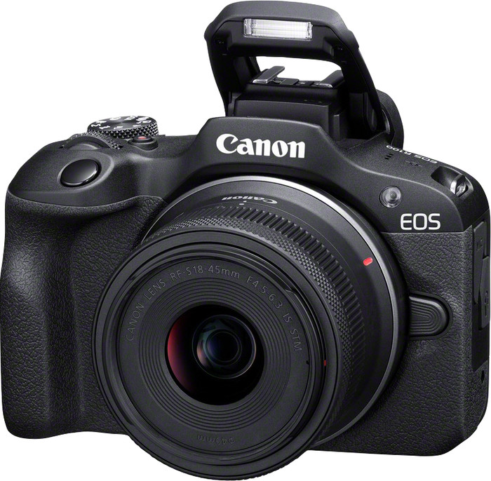 Canon EOS R100 Black + RF-S 18-45mm + RF-S 55-210mm right side