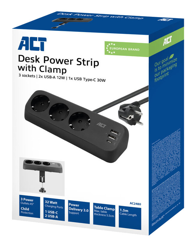 ACT AC2480 Desk Power Strip 3-way 1.5m 3x USB 30W Black packaging