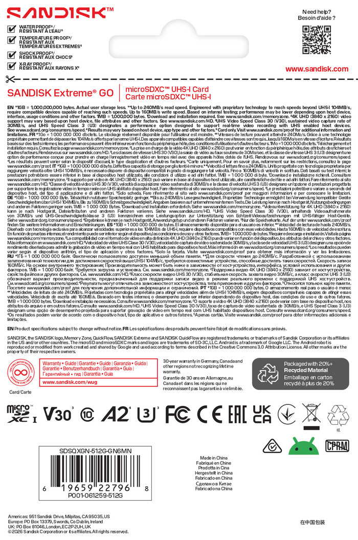 SANDISK Extreme GO microSDXC 512GB 240 MB/s verpackung