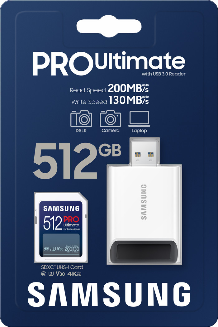 Samsung SDXC PRO Ultimate 512GB 130 MB/s + USB-Adapter verpackung