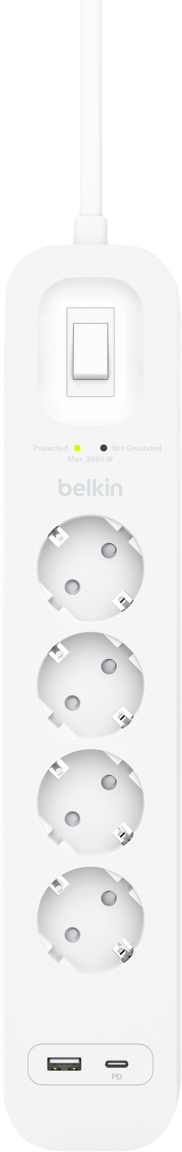 Belkin Surge Protection 4 Outlet 2m USB-C white front
