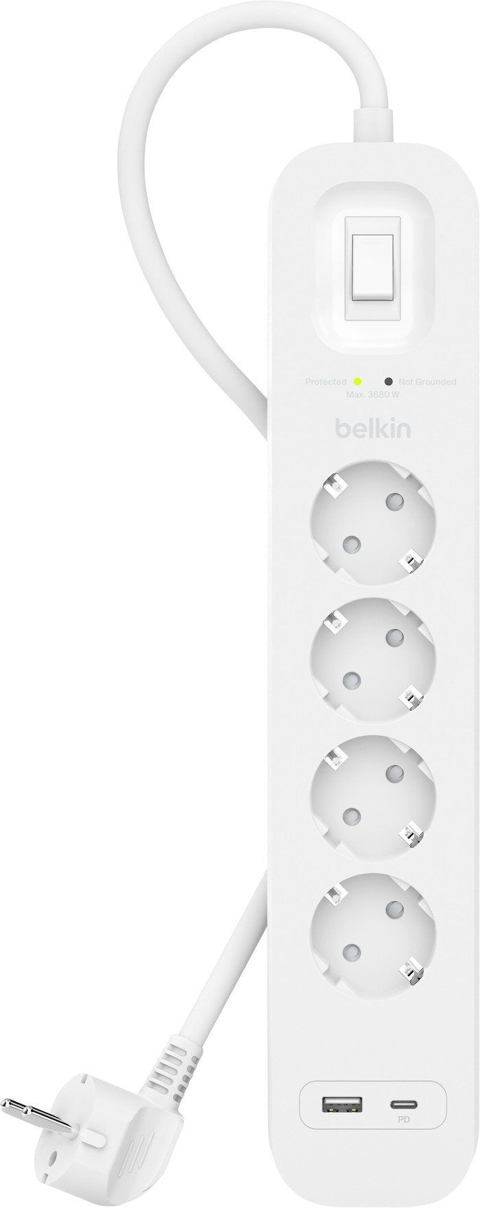 Belkin Surge Protection 4 Outlet 2m USB-C white front