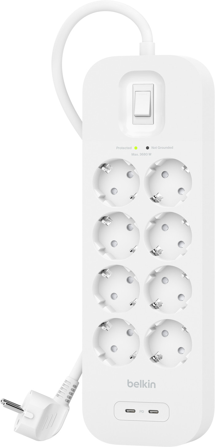 Belkin Surge Protection 8 Outlet 2m Dual USB-C 30W PD White Main Image