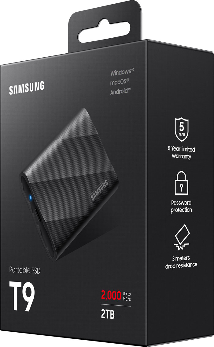 Samsung T9 Portable SSD 2TB Schwarz verpackung