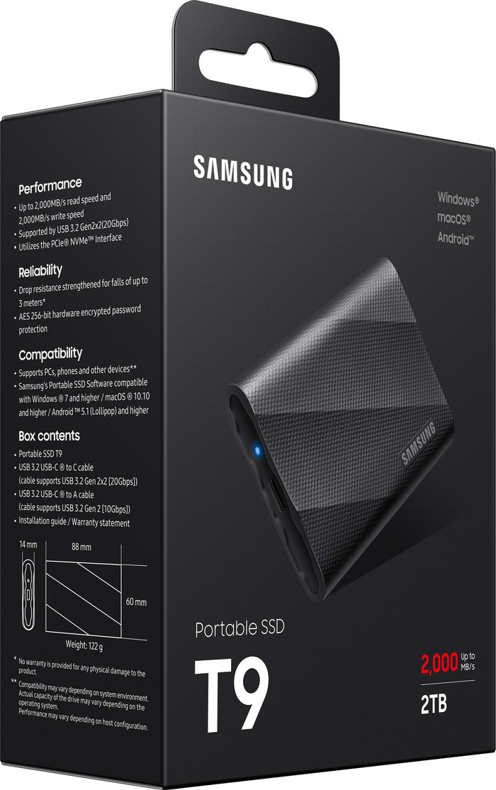 Samsung T9 Portable SSD 2TB Schwarz verpackung
