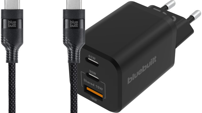 BlueBuilt Power-Delivery-Ladegerät 2 USB-C-Ports 65 W + USB-C-Kabel 3 m Nylon Schwarz Main Image