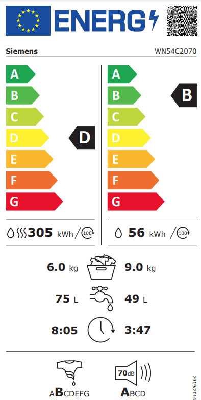 Siemens WN54C2070 - 9/6 kg energielabel