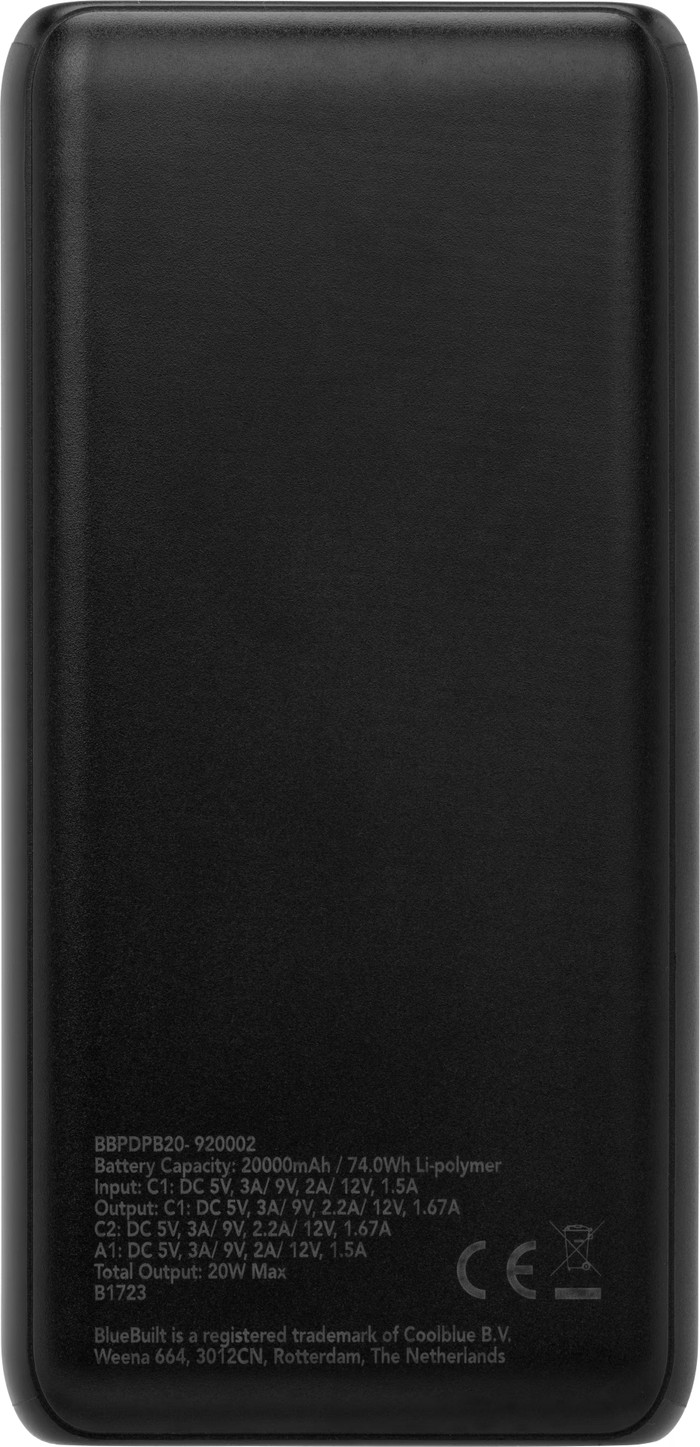 BlueBuilt Powerbank mit Schnellladen 20.000 mAh rückseite