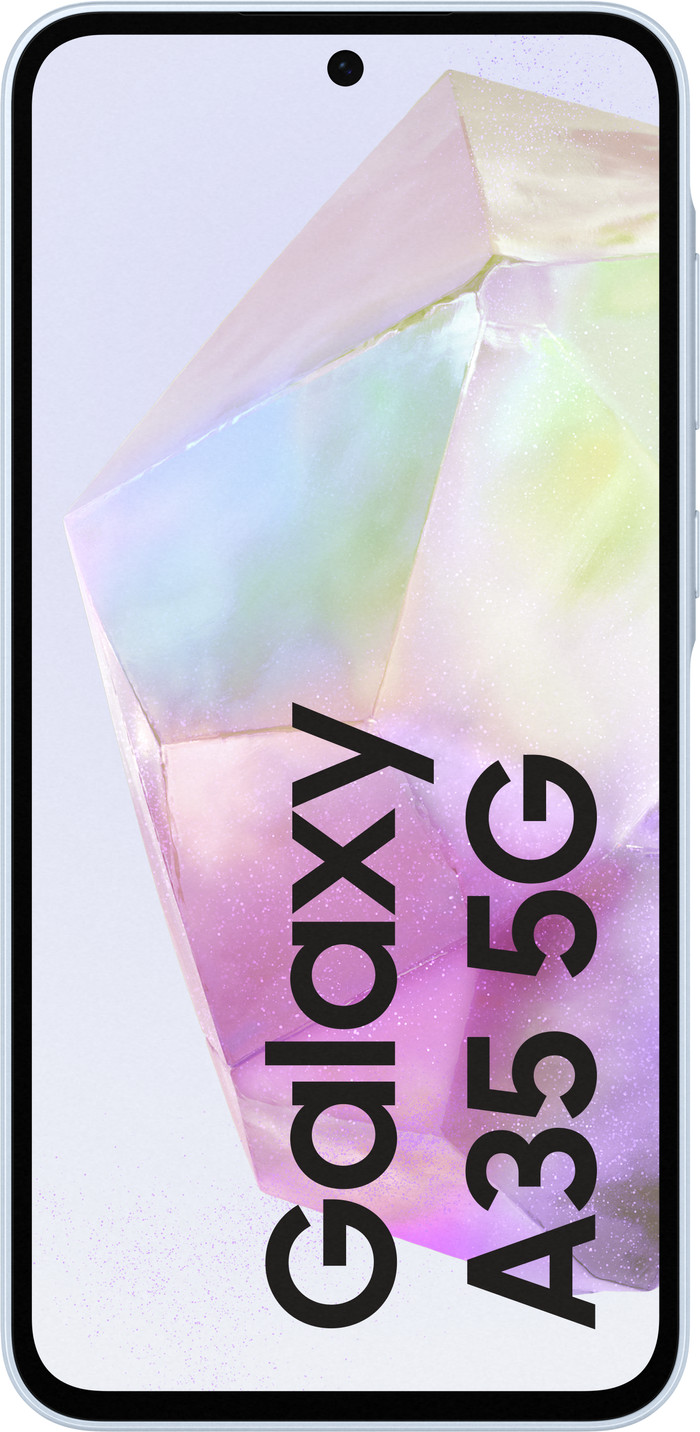 Samsung Galaxy A35 128GB Hellblau 5G + Samsung 25 Watt Schnellladegerät Schwarz vorne