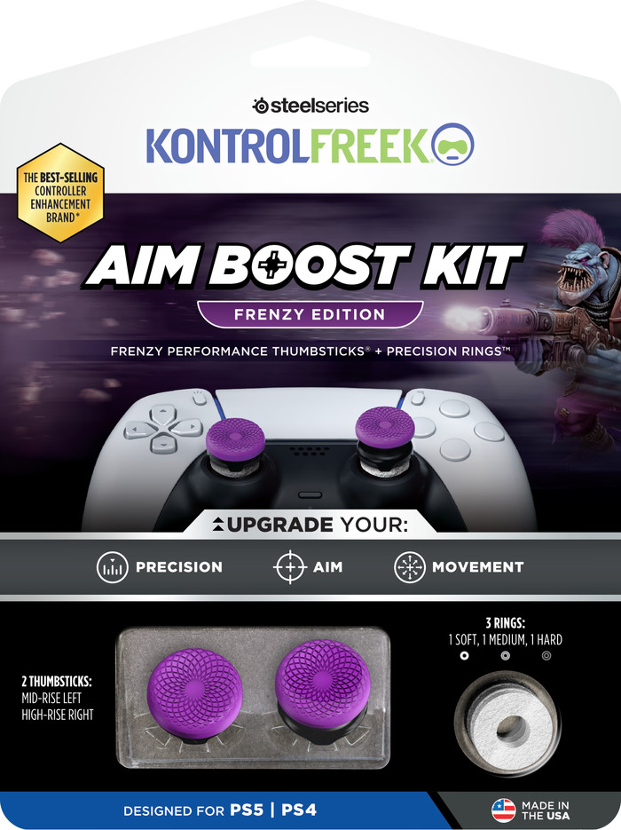 KontrolFreek Frenzy AimBoost Thumb Sticks + Precision Rings Purple/Black PS5/PS4 packaging